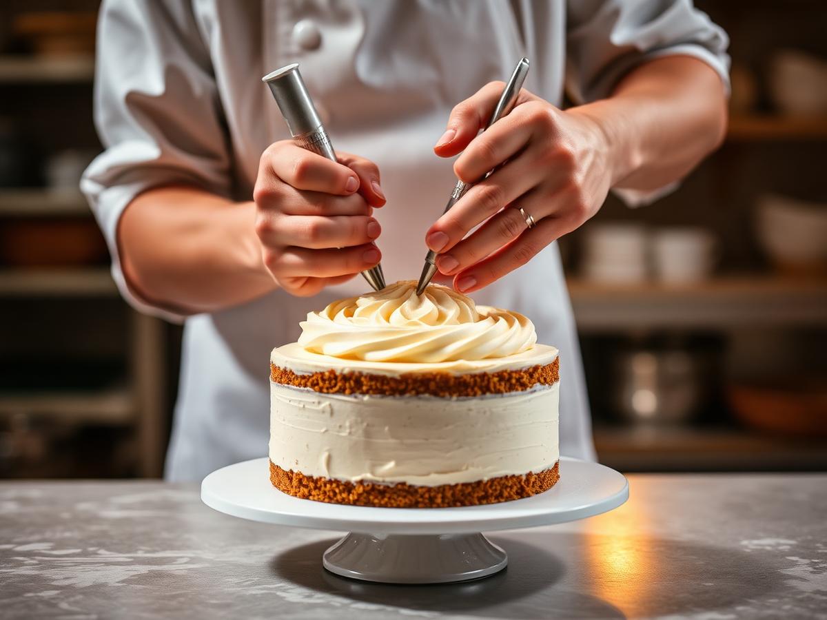 Baker piping fresh cream onto a cake in the Butter & Bloom kitchen